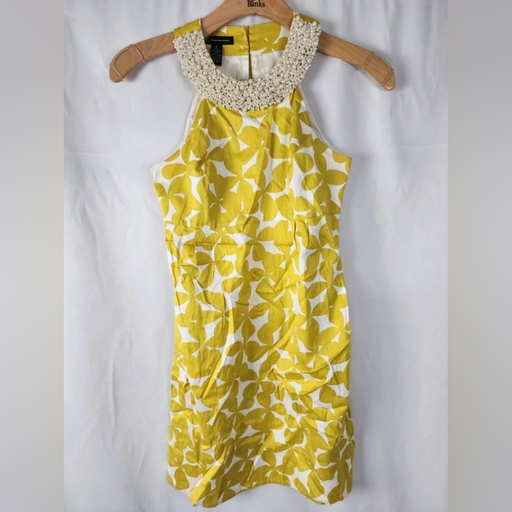 Yellow and White Sleeveless Dress with Beaded Collar